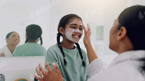Preview: Mom, happy girl and skincare with face mask in bathroom for beauty spa day or routine in home