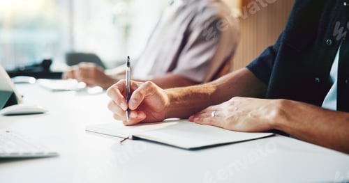Preview: Person, hands and writing with book for business planning, schedule or reminder on office desk