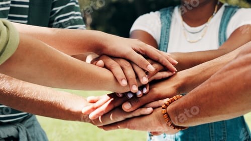 Preview: Hand stack, motivation and solidarity with friends on campus together for education or success