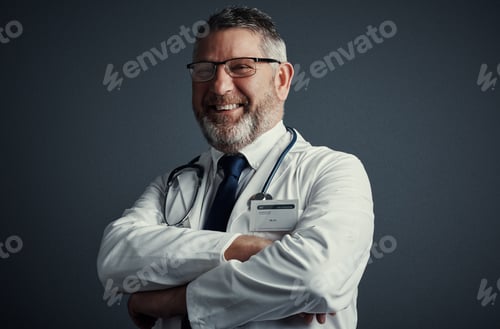 Preview: Doctor, man and arms crossed in studio portrait with glasses, space and pride for job on dark