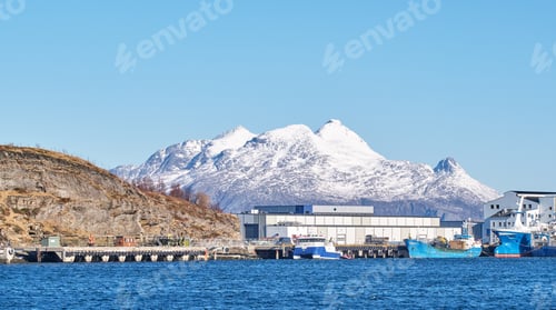 Preview: Sea, boats and dock with buildings for shipping, global trade and maritime transport