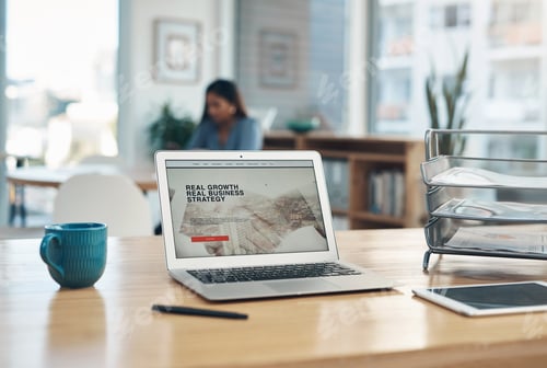 Preview: Office, laptop screen and website for business with strategy development
