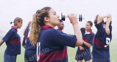Preview: Drinking, water and rugby with woman on field for training break, hydration