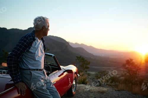 Preview: Sunset, thinking and old man by car for road trip, vacation and adventure on mountain