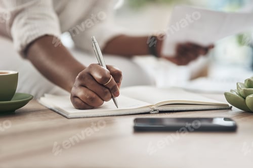 Preview: Hands, woman and writing in notebook in office for bookkeeping, track workflow and tax filing