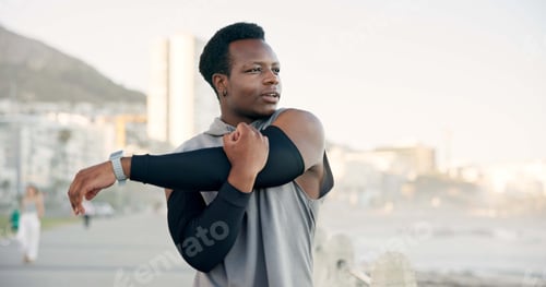 Preview: Man, fitness and stretching with arm on promenade for workout preparation or outdoor training