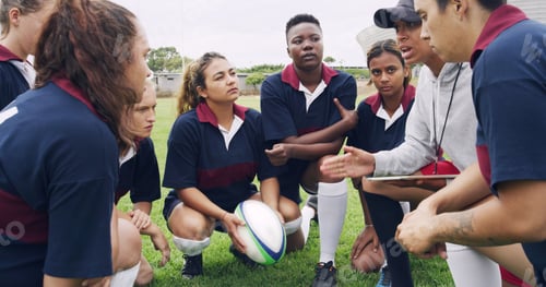 Preview: Tablet, advice and sports with women on rugby field for teamwork, game plan and discussion together