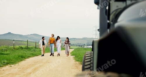 Preview: Road trip, walking and travel with couple of friends outdoor for holiday, adventure and explore