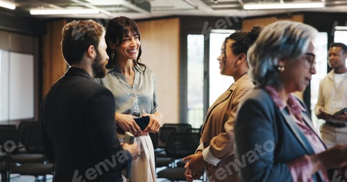 Preview: Happy, business people and networking at convention with discussion for workshop