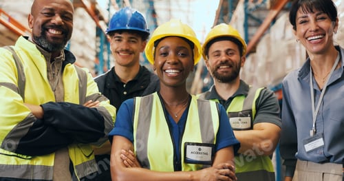 Preview: Logistics, team and smile portrait in warehouse for quality control, stock distribution