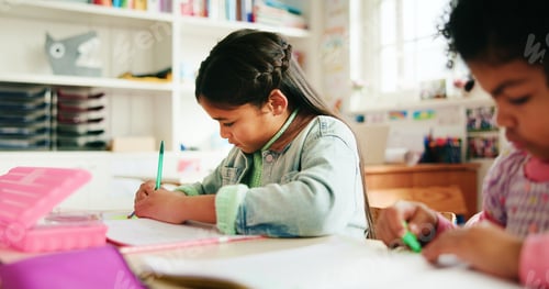 Preview: Education, students and child writing in classroom for learning, fine motor skills and coordination