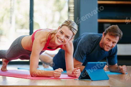 Preview: Fitness, portrait and couple in house with tablet, video tutorial and streaming in online class