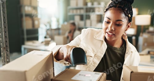 Preview: Woman, logistics or scan box in workplace for inventory check, ecommerce or stock management