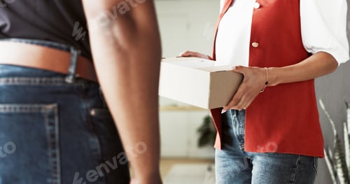 Preview: Delivery, giving and hands of people with box for shipping, distribution