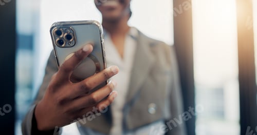 Preview: Hands, business and woman in office, cellphone and email for investment deal, internet and texting