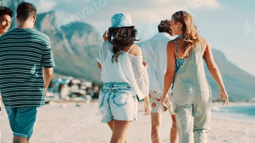 Preview: Back, friends outdoor and walking on beach for bonding together, summer holiday