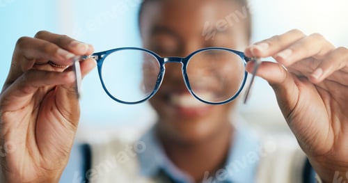 Preview: Hands, glasses and optometrist with test for eye care, vision and prescription with pov at clinic