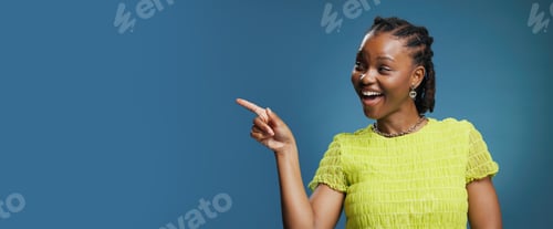 Preview: Portrait, pointing and African woman with smile in studio, show announcement