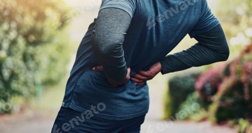 Preview: Workout, injury and hands with back pain at park, fatigue or joint tension with pressure in morning