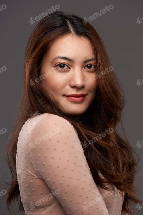Preview: Happy, portrait and woman with beauty in studio for makeover, cosmetics and hair care