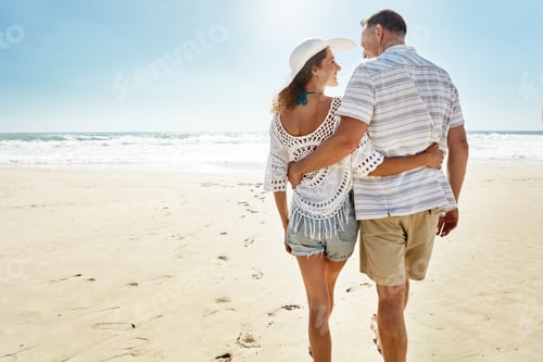 Preview: Love, back and happy with couple at beach for bonding, support and summer vacation