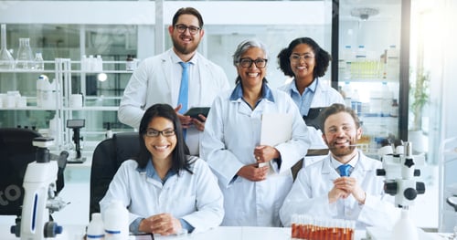 Preview: Science, portrait and team in lab with smile, pride or experience in genetic engineering