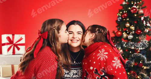 Preview: Christmas, studio and mom with children, kiss or excited for December holiday, portrait and bonding