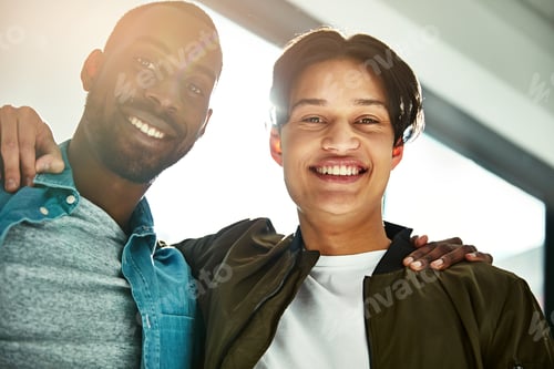 Preview: College, portrait or friends on campus with smile, bonding or shared opportunity in scholarship