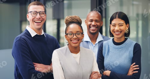 Preview: Arms crossed, portrait and smile with business people in office for diversity
