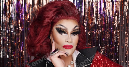 Preview: Portrait, drag or artist at streamer decoration for makeup transformation, alter ego or performance