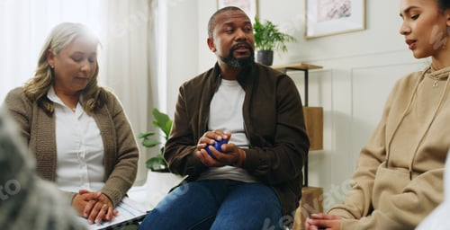 Preview: People, talk and therapist for group counseling with stress ball, mental health and anxiety relief