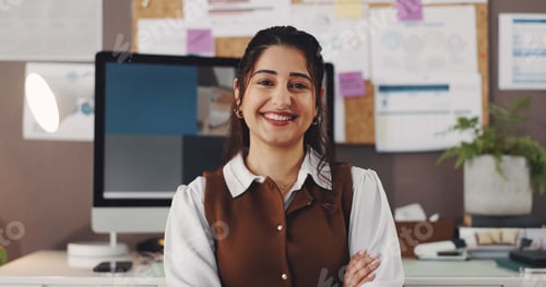 Preview: Arms crossed, portrait and business woman in home office for seo specialist
