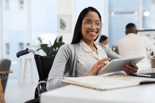 Preview: Creative, office and happy woman with tablet in wheelchair, copywriting and confident with research