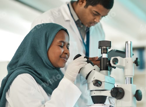 Preview: Microscope, man or woman with hijab in lab, scientific research or study pathogens for digital