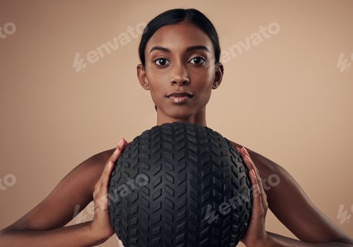 Preview: Portrait, medicine ball and woman in studio, exercise for healthy benefits