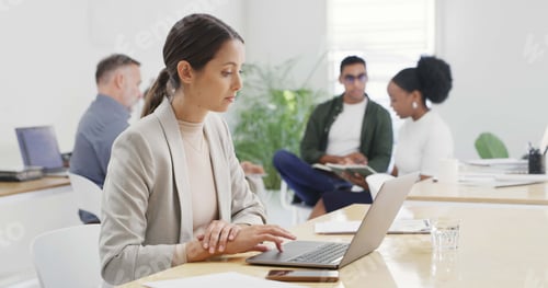 Preview: Review, office or businesswoman with laptop for copywriting, news or research project