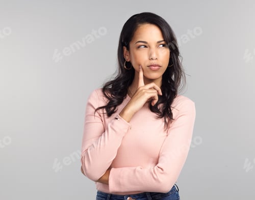 Vista previa: Thinking, ideas and woman in studio, decision and contemplation on white background