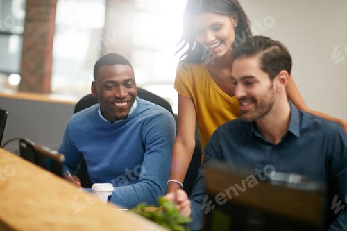 Preview: Computer, group and business people in discussion for coaching, planning or news editor internship