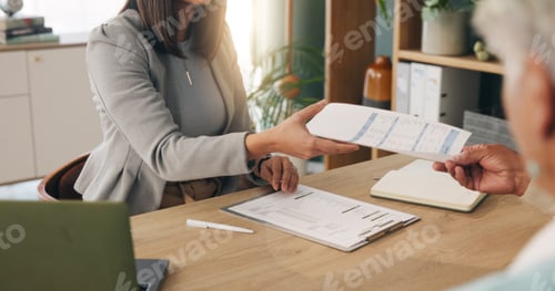 Preview: Hands, document or old couple with consultant in office, will contract or asset list