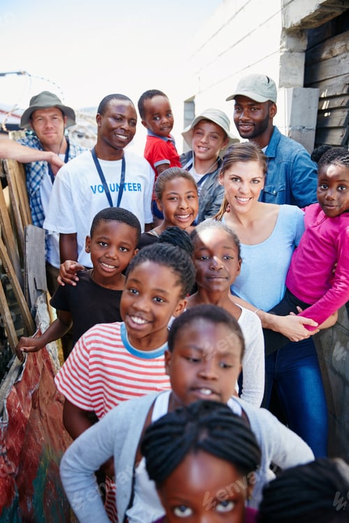 Preview: Happy people, volunteer and community with children for charity service in rural area