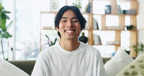 Preview: Happy man, portrait and sofa with teeth in home for dental care, hygiene or cleaning