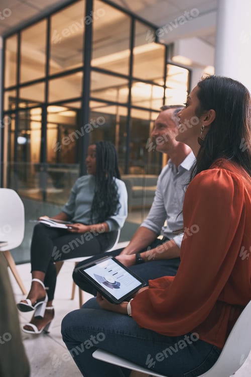 Preview: Woman, tablet and screen with group at office meeting for charts, night