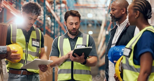 Preview: Logistics, meeting and man in warehouse with tablet for stock control, inventory and records