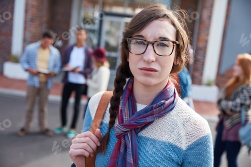 Preview: Portrait, student and woman with glasses, university and pride for scholarship, learn and education