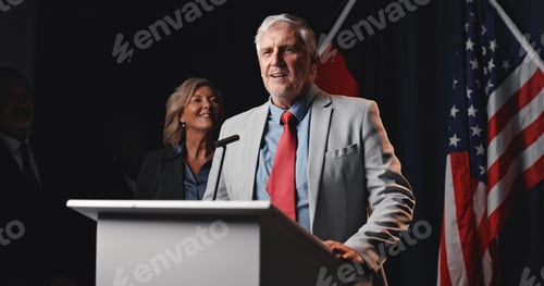 Preview: Mature man, speaker and podium with american flag for global economic change, politics or elections