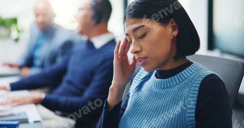 Preview: Call center, consultant and headache with woman in office for customer support