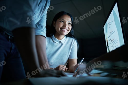 Preview: Businesswoman, team or computer screen with meeting at night for ui testing, planning or app launch