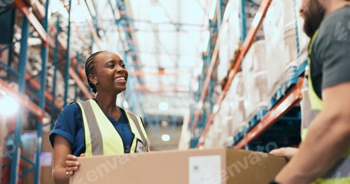 Preview: Teamwork, box and people with help in warehouse for supply chain, inventory and stock inspection