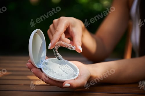 Preview: Hand removes transparent dental aligner from open storage case. Close up orthodontic care