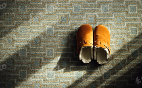 Preview: Brown fuzzy slippers placed on a patterned carpet with geometric designs, soft shadows cast by natur